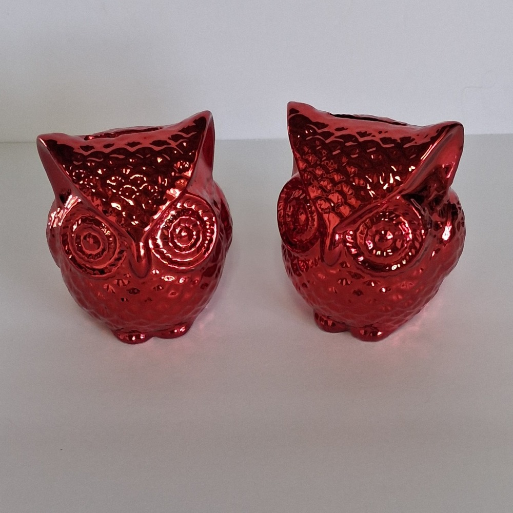 Set of 4 Metallic Owl Coin Banks Red Silver Gold Ceramic Greenbrier 4" - Picture 8 of 10